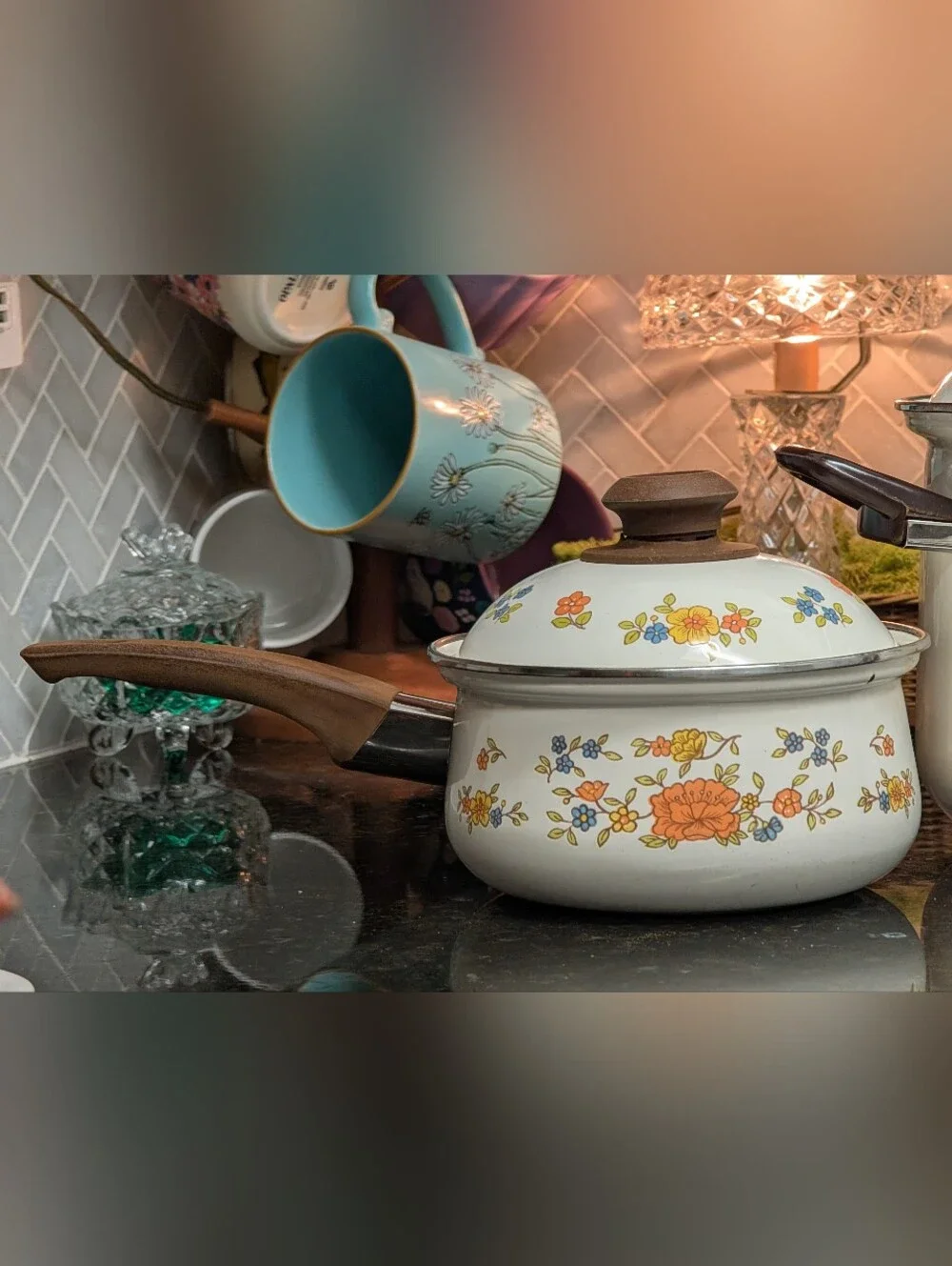 vintage 1970s enamel pots in the 